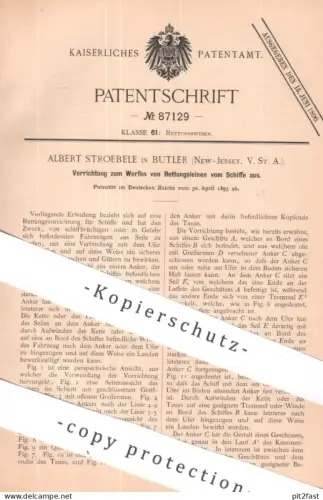 original Patent - Albert Stroebele , Butler , New Jersey USA | 1895 | Werfen von Rettungsleinen vom Schiff aus | Schiff