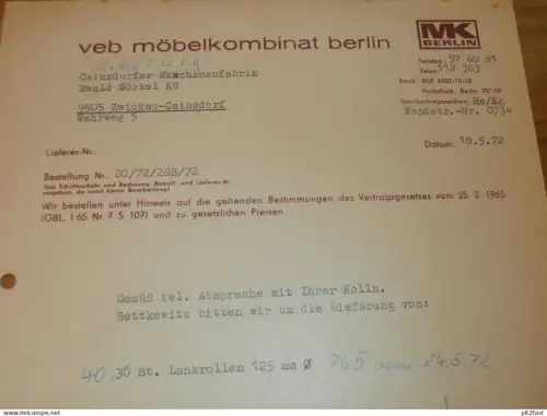 Möbelkombinat Berlin , 1972 , Herr Gremmer , Herr Herrmanowski , altes Dokument , Reklame / Werbung !