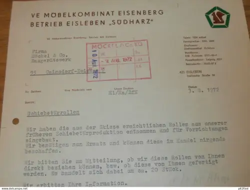 Möbelkombinat Eisenberg - Eisleben , 1972 , Herr Kirchhoff , Herr Hloucal , altes Dokument , Reklame / Werbung !