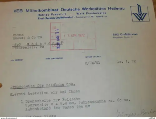 VEB Möbelkombinat Hellerau , Großröhrsdorf ,1972 , Finsterwalde , Hr. Höckendorff , altes Dokument , Reklame / Werbung !