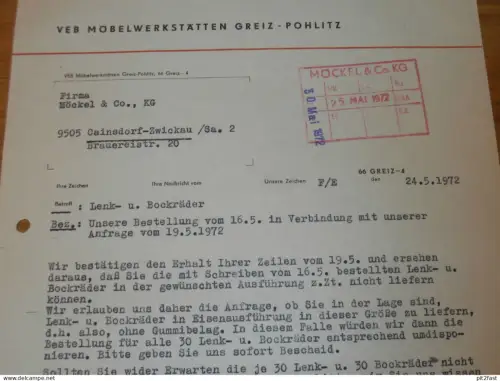 VEB Möbelwerkstatt Greiz - Pohlitz , 1972 , altes Dokument , Reklame / Werbung !