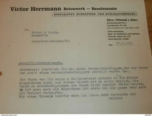 Betonwerk - Victor Herrmann in Pößneck i. Thür. , 1959 , altes Dokument , Reklame / Werbung !