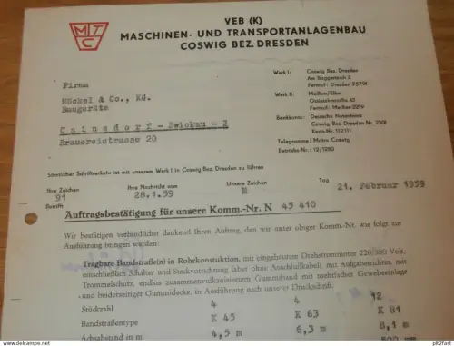 VEB Maschinenbau Coswig b. Dresden , 1959 , altes Dokument , Reklame / Werbung !
