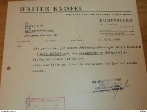 Sägewerk - Walter Knöfel in Hohenbucko b. Herzberg , 1959 , altes Dokument , Reklame / Werbung !