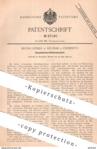 original Patent - Bruno Römer , Siegmar / Chemnitz | 1895 | Schachtelecken - Beklebemaschine | Schachtel Karton | Kleber