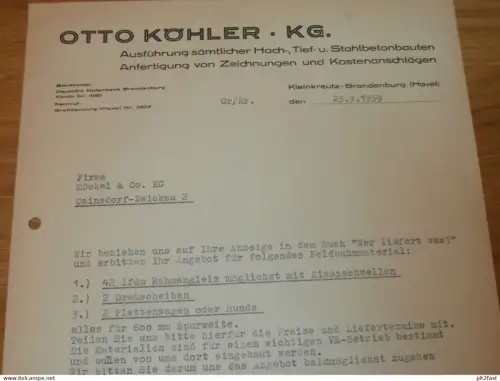 Otto Köhler KG in Kleinkreutz - Brandenburg / Havel , 1959 , Schmalspur , altes Dokument , Reklame / Werbung !