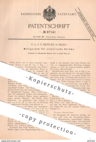 original Patent - C. L. R. E. Menges im Haag | 1893 | Messgerät für elektrische Ströme | Strom , Strommesser , Elektrik