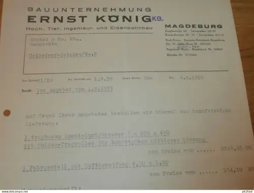 Bauunternehmung - Ernst König KG in Magdeburg , 1959 , Dokument , Reklame / Werbung !
