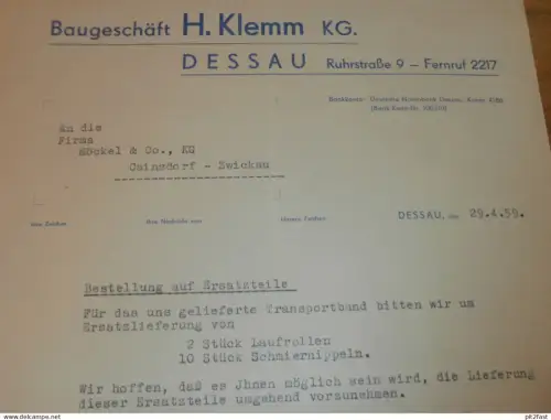Baugeschäft H. Klemm KG in Dessau , 1959 , Dokument , Reklame / Werbung !!