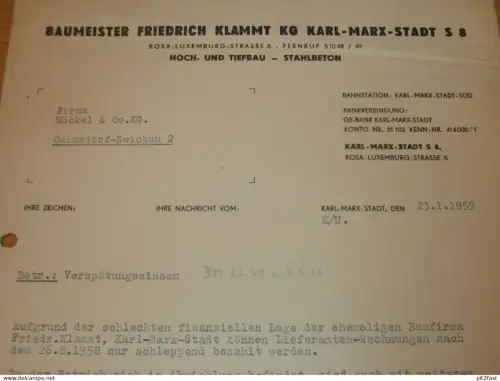 Baumeister - Friedrich Klammt KG in Karl-Marx-Stadt , 1959 , Hr. Uhlemann , Dokument , Reklame / Werbung !!