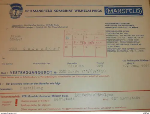 VEB Mansfeld Kombinat Wilhelm Pieck , 1969 , Herr Schwenker , Hr. Zezelke , Eisleben , Dokument , Reklame / Werbung