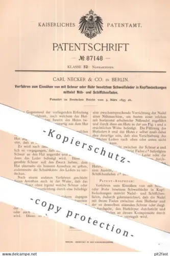 original Patent - Carl Necker & Co. Berlin | 1895 | Einnähen von Schweißleder in Kopfbedeckung | Mütze Hut | Nähmaschine