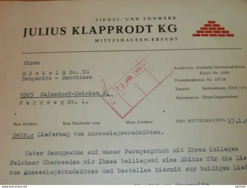 Ziegel- und Tonwerk - Julius Klapprodt KG in Mittelhausen - Erfurt , 1969 , Hammermeister , Dokument , Reklame / Werbung