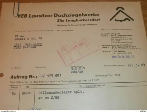 VEB Lausitzer Dachziegelwerke in Langburkersdorf , 1969 , Halle , Hr. Seewald , altes Dokument , Reklame / Werbung