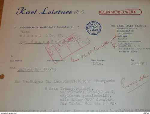Kleinmöbelwerk - Karl Leistner KG in Karl Marx Stadt , 1969 , altes Dokument , Reklame / Werbung