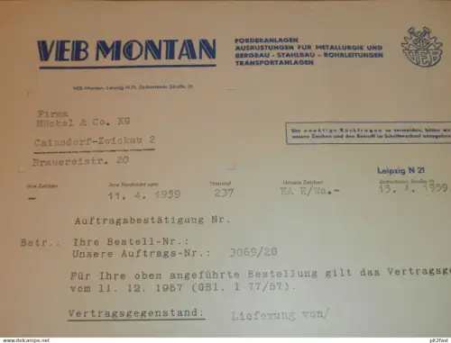 VEB Montan - Bergbau in Leipzig , 1959 , altes Dokument , Reklame / Werbung