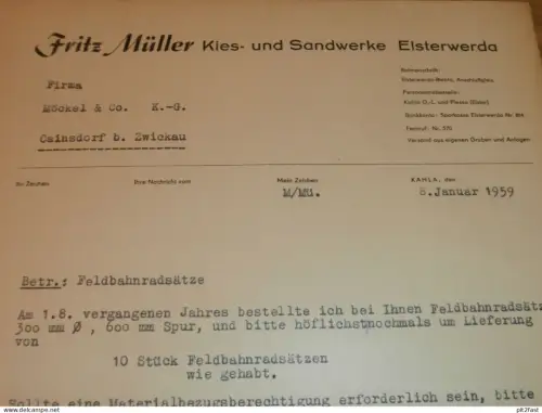 Kies- und Sandwerk - Fritz Müller in Kahla b. Elsterwerda , 1959 , Schmalspur , altes Dokument , Reklame / Werbung