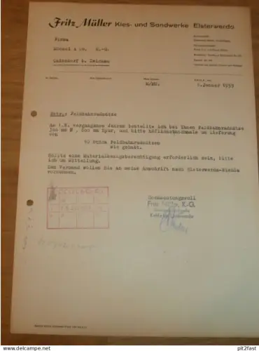 Kies- und Sandwerk - Fritz Müller in Kahla b. Elsterwerda , 1959 , Schmalspur , altes Dokument , Reklame / Werbung