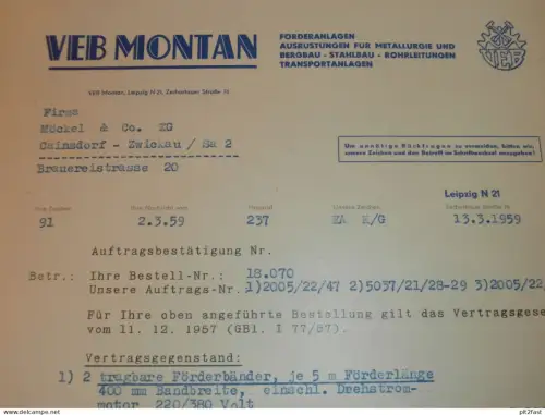 VEB Montan - Bergbau in Leipzig , 1959 , altes Dokument , Reklame / Werbung