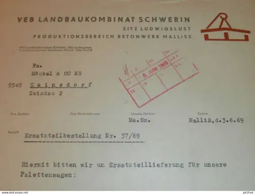 VEB Landbaukombinat Schwerin - Sitz Ludwigslust , 1969 , Malliß , Hr. Marks, altes Dokument , Reklame / Werbung