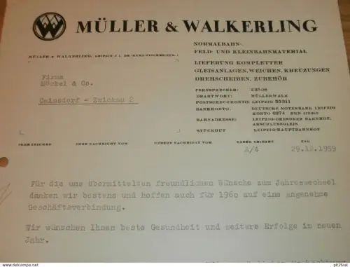 Feldbahn - Müller & Walkering in Leipzig , 1959 , Schmalspur , altes Dokument , Reklame / Werbung