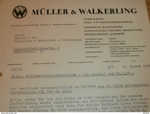 Feldbahn - Müller & Walkering in Leipzig , 1959 , Schmalspur , altes Dokument , Reklame / Werbung