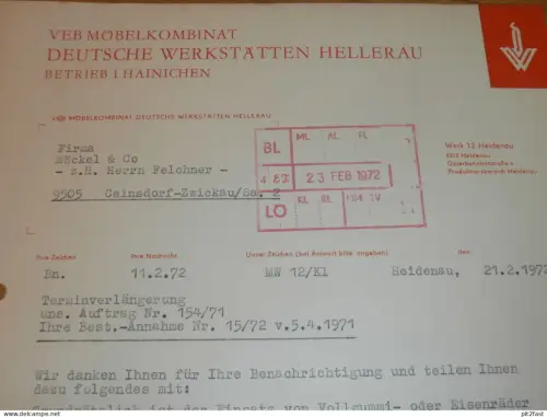 VEB Möbelkombinat - Deutsche Werkstätten Hellerau , 1972 , Hainichen ,Hr. Großpietsch altes Dokument , Reklame / Werbung
