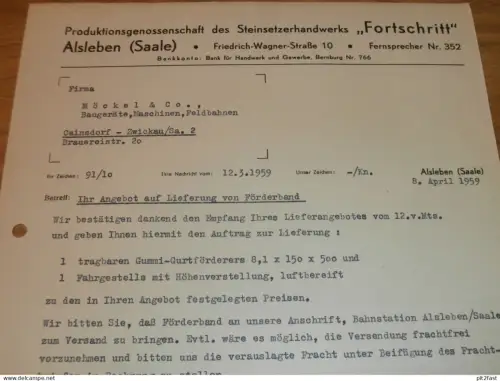PGH Steinsetzer " Fortschritt " in Alsleben , 1959 , Herr Germer , Herr Otto , altes Dokument , Reklame / Werbung !!