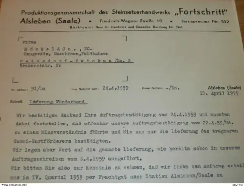 PGH Steinsetzer " Fortschritt " in Alsleben , 1959 , Herr Germer , Herr Knödel , altes Dokument , Reklame / Werbung !!