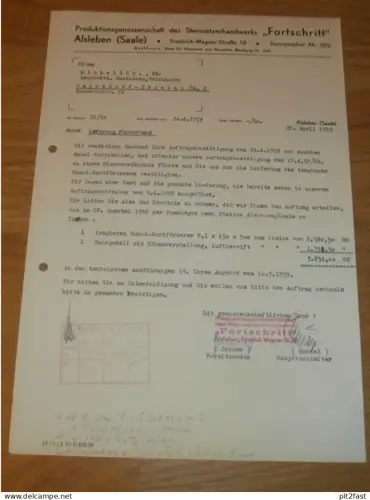 PGH Steinsetzer " Fortschritt " in Alsleben , 1959 , Herr Germer , Herr Knödel , altes Dokument , Reklame / Werbung !!