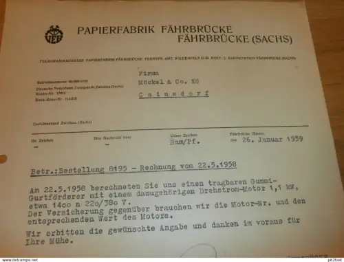 VEB Papierfabrik Fährbrücke i. Sa., 1959 , Wildenfels , altes Dokument , Reklame / Werbung !!