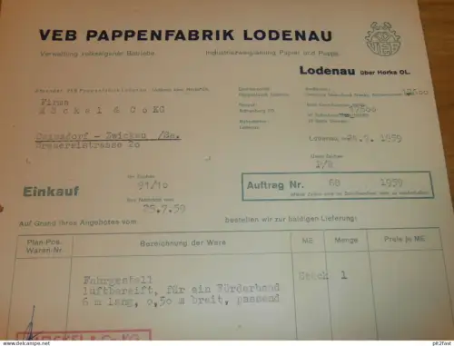 VEB Pappenfabrik Lodenau b. Horka OL. , 1959 , altes Dokument , Reklame / Werbung !!