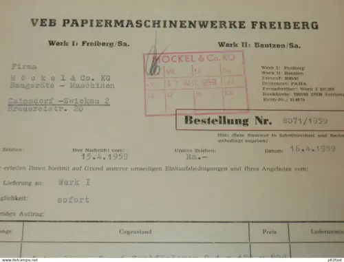 VEB Papiermaschinenwerke Freiberg , 1959 , Herr Glöckner , Herr Becker , Bautzen , altes Dokument , Reklame / Werbung !!