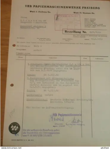 VEB Papiermaschinenwerke Freiberg , 1959 , Herr Glöckner , Herr Becker , Bautzen , altes Dokument , Reklame / Werbung !!