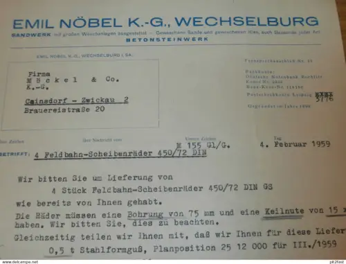 Sandwerk - Emil Nöbel KG in Wechselburg , 1959 ,  Herr Augustin , altes Dokument , Reklame / Werbung !!