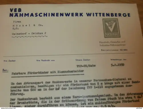 VEB Nähmaschinenwerk Wittenberge , 1959 ,  Herr Metzelthin , Herr Mund , altes Dokument , Reklame / Werbung !!