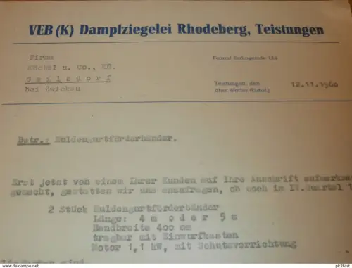 VEB Dampfziegelei Rhodeberg - Teistungen , 1960 , Worbis , altes Dokument , Reklame / Werbung !!