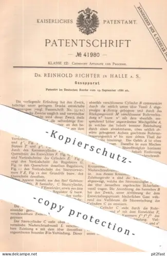 original Patent - Dr. Reinhold Richter , Halle / Saale | 1886 | Gasapparat | Gas , Gasometer , Gase | Chemie
