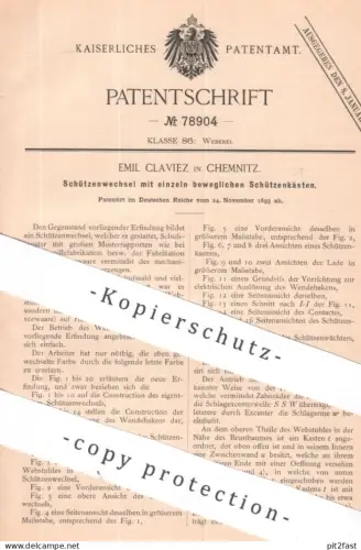 original Patent - Emil Claviez , Chemnitz | 1893 | Schützenwechsel | Webmaschine , Webstuhl , Weben , Weber , Weberei !