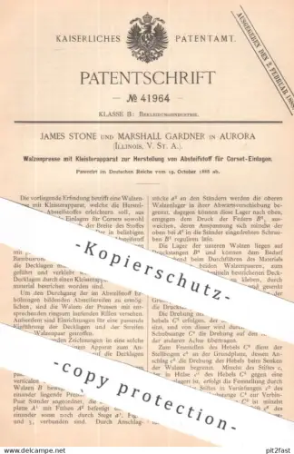 original Patent - James Stone , Marshall Gardner , Aurora , Illinois , USA | 1886 | Walzenpresse für Korsett | Corset !