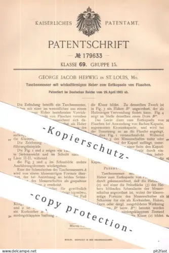 original Patent - George Jacob Herwig , St. Louis Missouri , USA | 1905 | Taschenmesser & Flaschenöffner , Korkenzieher