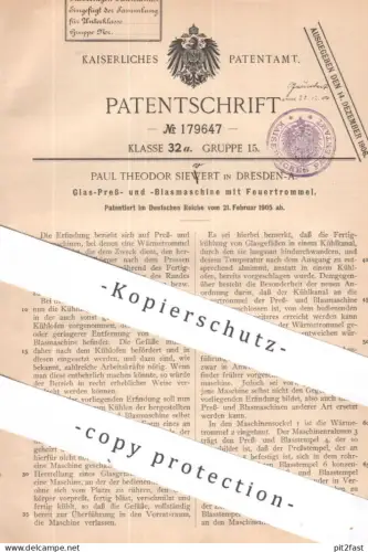 original Patent - Paul Theodor Sievert , Dresden | 1905 | Glas-Press-und -Blasmaschine mit Feuertrommel | Glas , Gläser