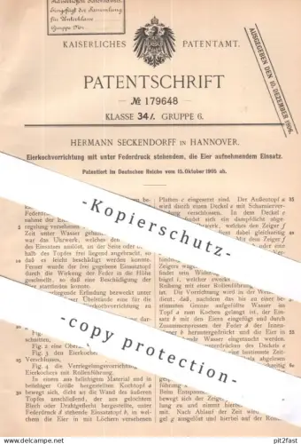 original Patent - Hermann Seckendorff , Hannover | 1905 | Eierkocher mit Uhrwerk | Ei , Eier | Kocher , Wasserkocher