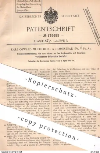 original Patent - Karl Oswald Muehlberg , Homestead , USA | 1905 | Schlauchverbindung | Schlauch , Schläuche , Rohre