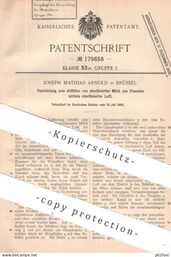 original Patent - Joseph Mathias Arnold , Brüssel , Belgien | 1905 | Abfüllen von sterilisierter Milch aus Flaschen !!!