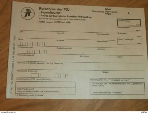 Reisebüro der FDJ , Anträge auf Ausreise , VPKA , Jugendtourist , DDR , altes Dokument , Reklame / Werbung !!