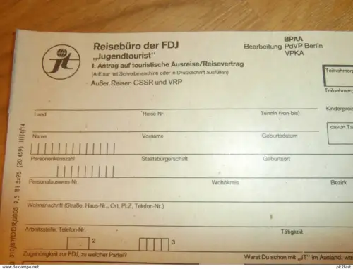 Reisebüro der FDJ , Anträge auf Ausreise , VPKA , Jugendtourist , DDR , altes Dokument , Reklame / Werbung !!