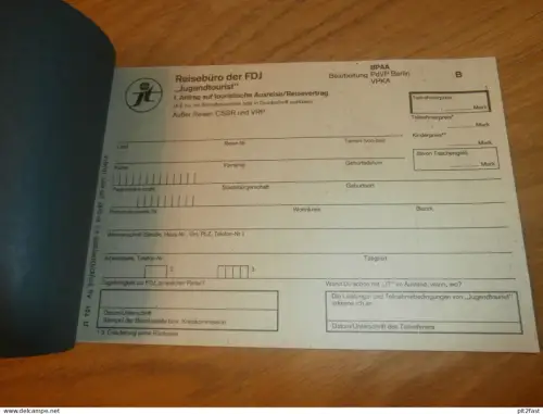 Reisebüro der FDJ , Anträge auf Ausreise , VPKA , Jugendtourist , DDR , altes Dokument , Reklame / Werbung !!