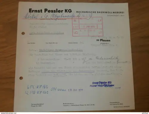 Baumwollweberei - Ernst Pessler KG in Plauen , 1972 , altes Dokument , Reklame / Werbung !!