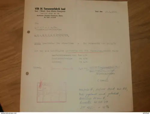 VEB Tonfabrik Saal i. Mecklenburg b. Ribnitz-Damgarten , 1959 , Herr Kempf , altes Dokument , Reklame / Werbung !